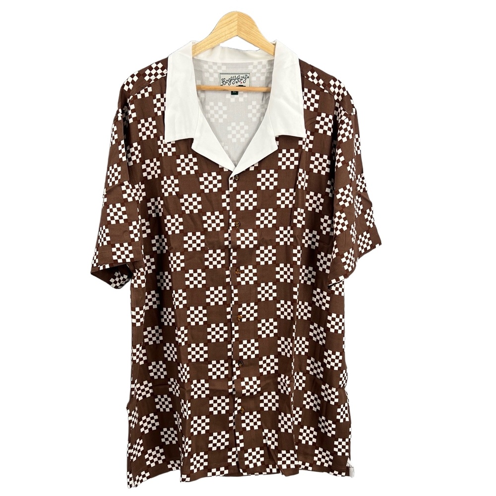 Bogey Boys Shirt Brown White Checker‎ Board Short Sleeve Button Up Extra Large